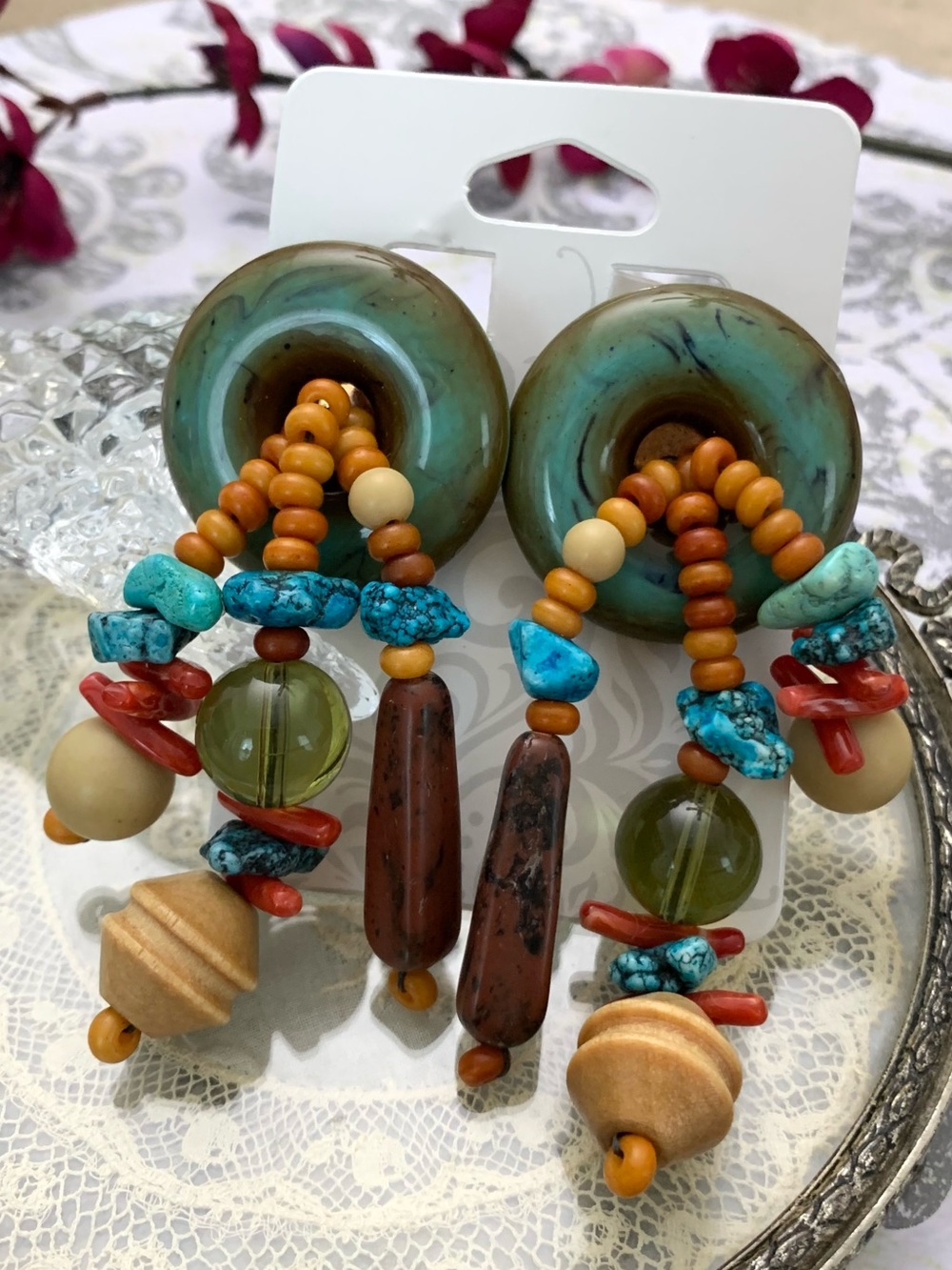 Vintage Runway Les Bernard Signed Turquoise Coral Disc Beads Statement Earrings